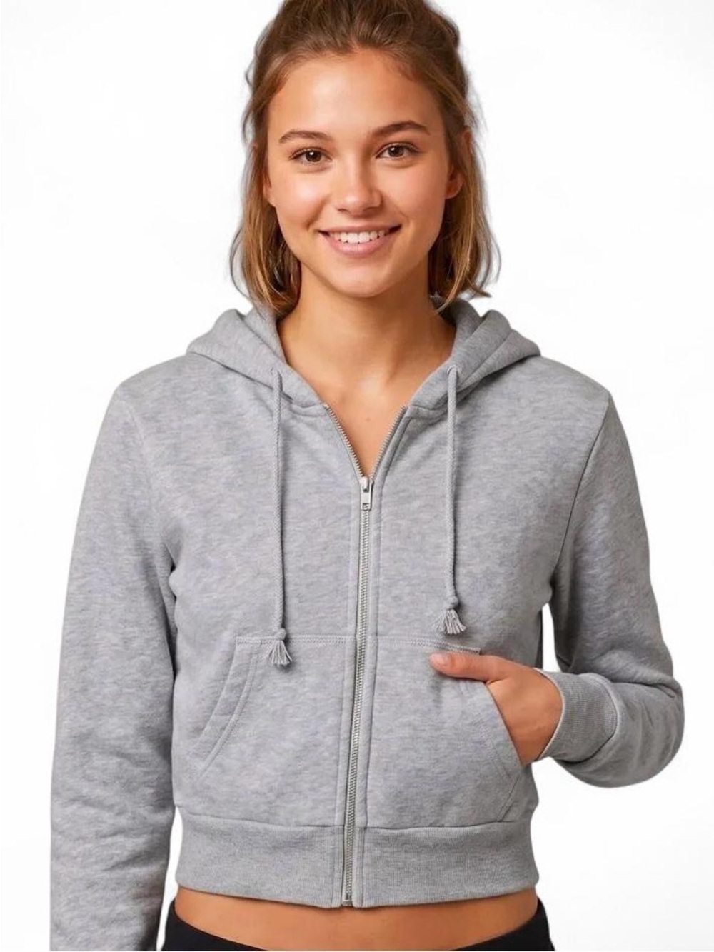 John Galt Crystal Cropped Zip-Up Hoodie Heather Grey One Size XS/S